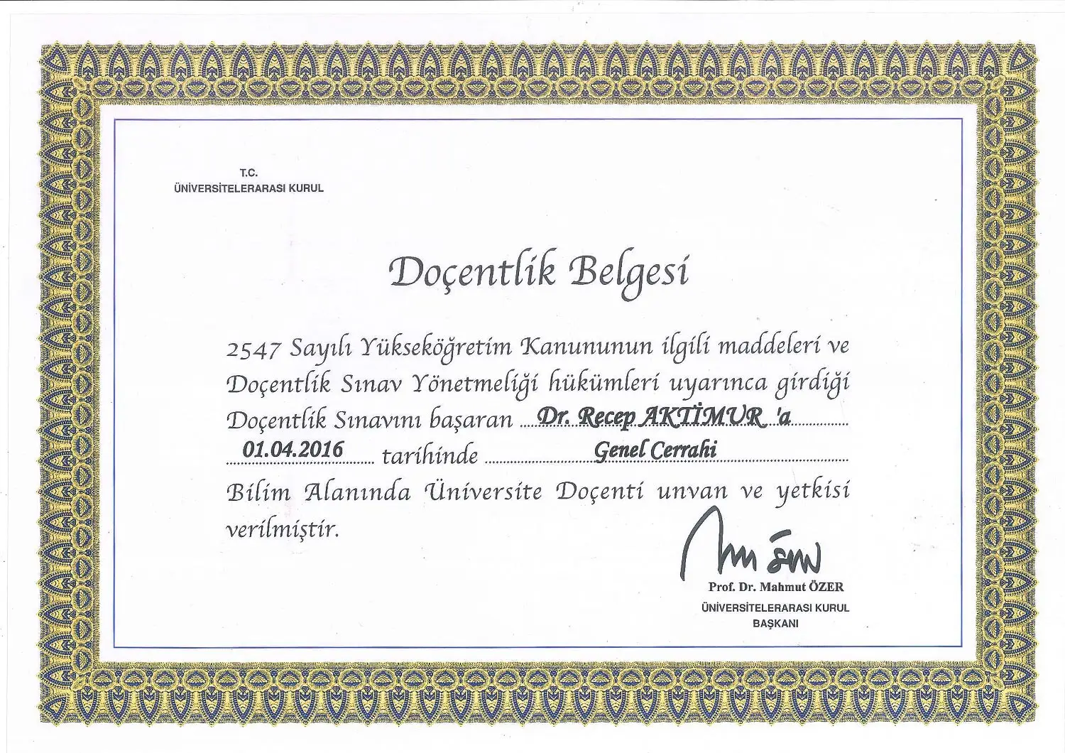 prof dr recep aktimur doçentlik belgesi