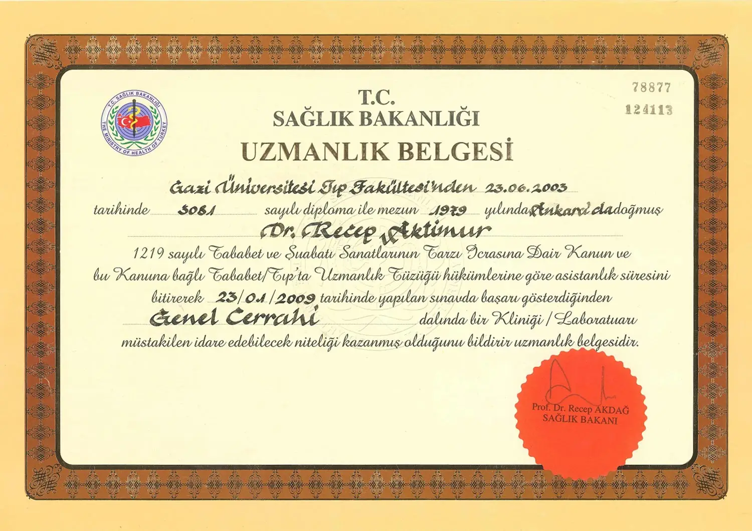 prof dr recep aktimur uzmanlık belgesi